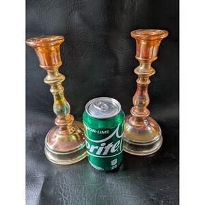 Set of 2 Amber Marigold Carnival Glass Candlestick Holder Iridescent 8.5 In Tall